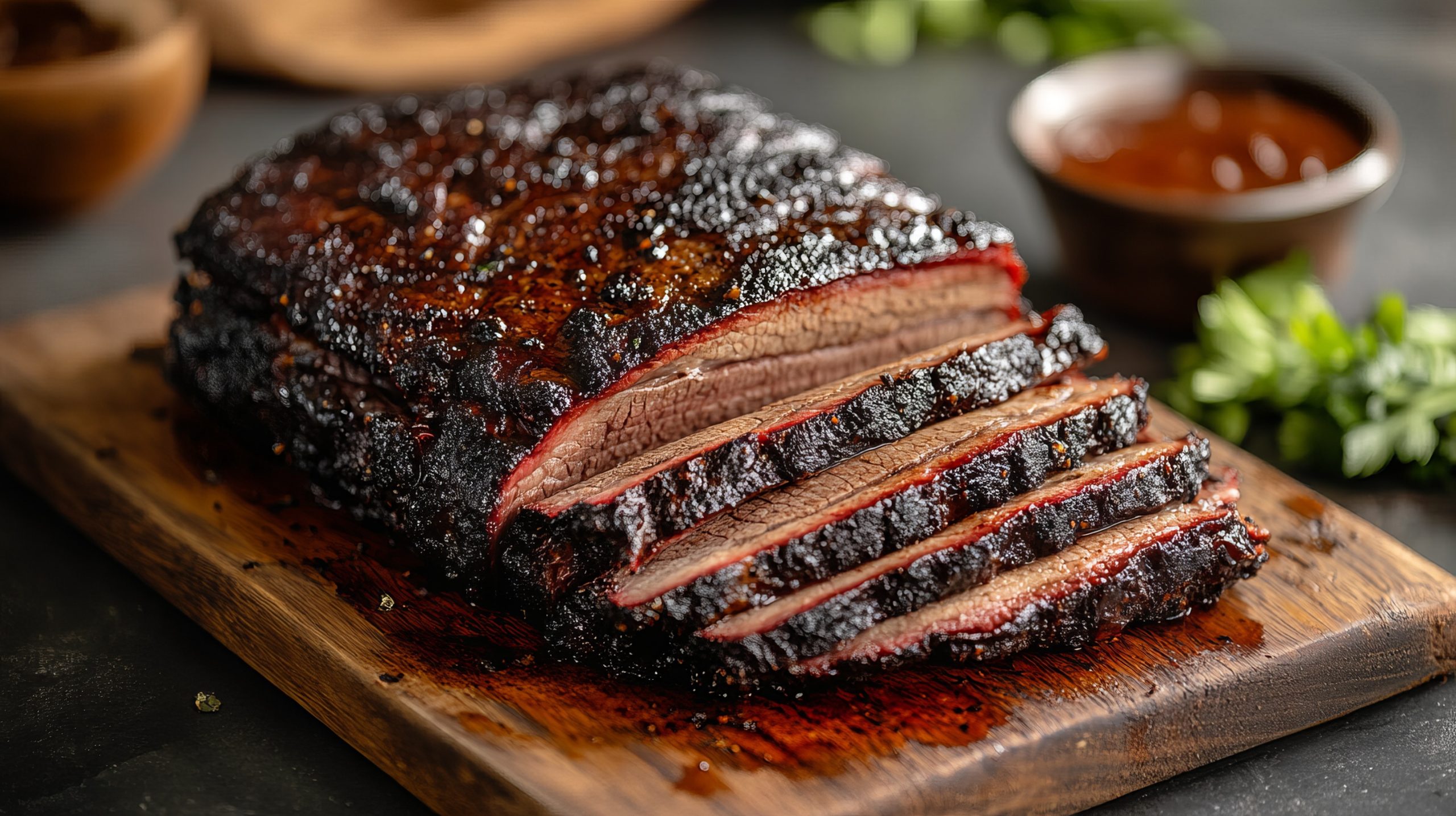 A perfectly smoked beef brisket sliced and presented on a wooden board, displaying the charred crust and juicy inside. Photo By Sanych / Adobestock